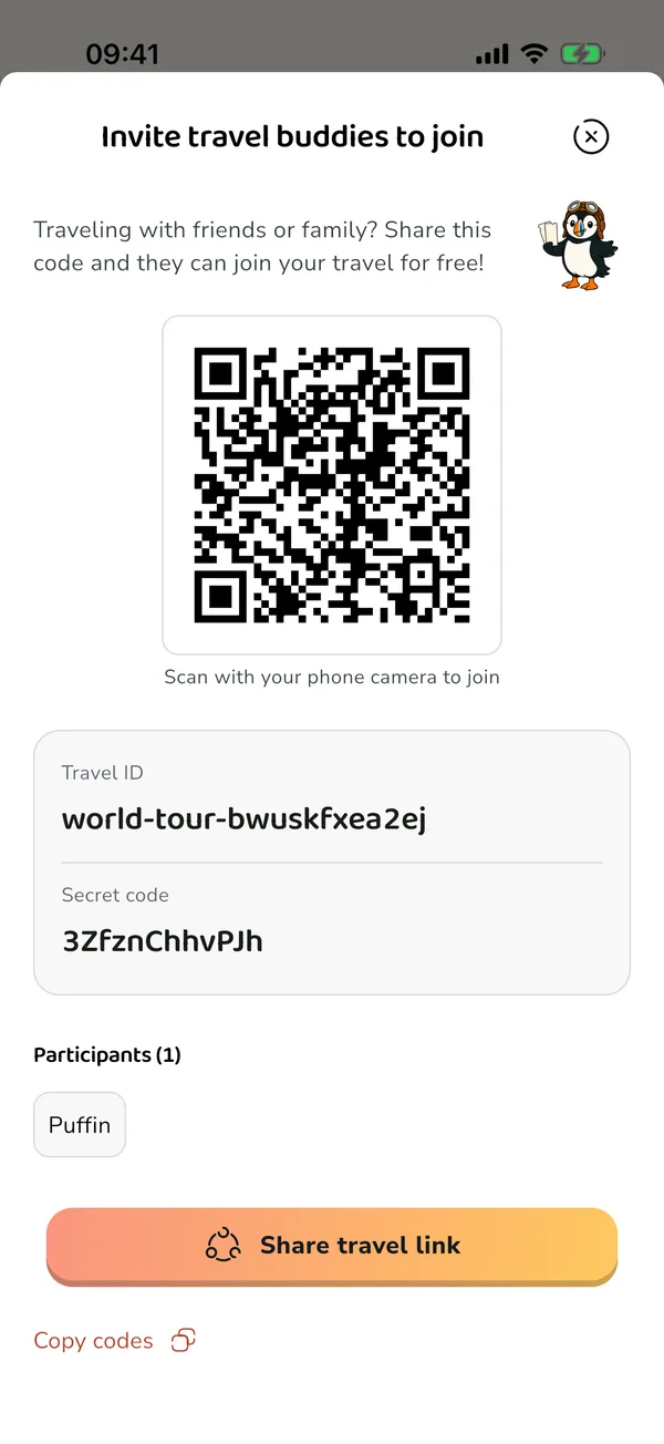 Inviting travel buddies to a trip with a code in PuffinPilot.