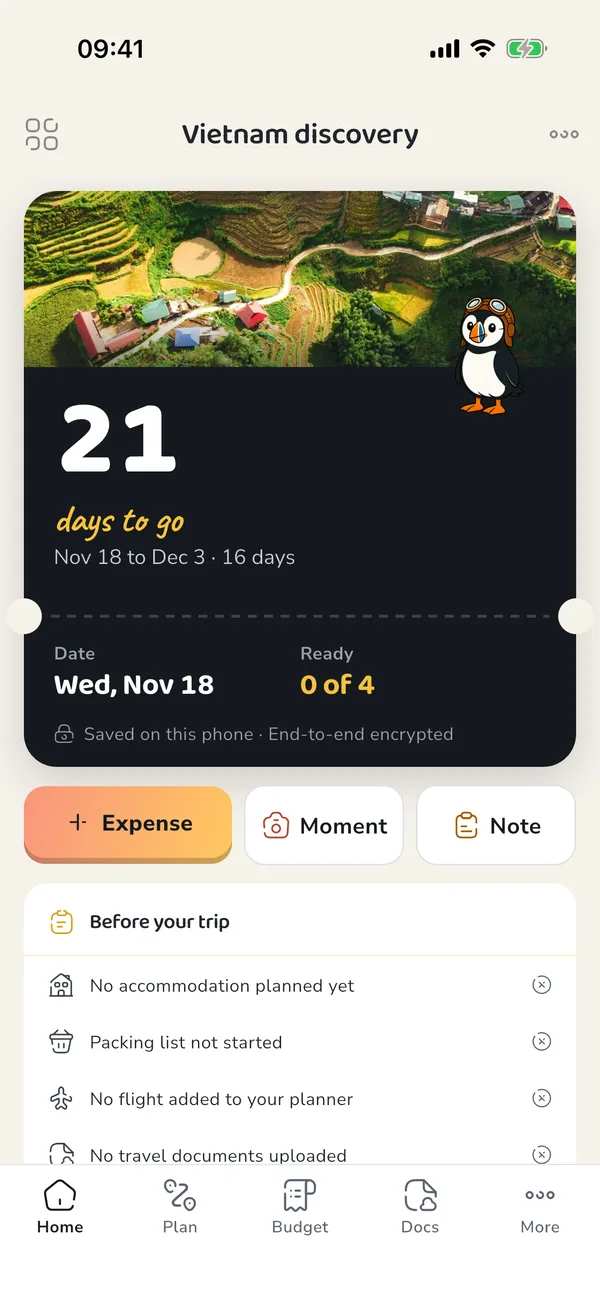 The PuffinPilot home screen: the trip as a boarding pass, with the countdown to departure.