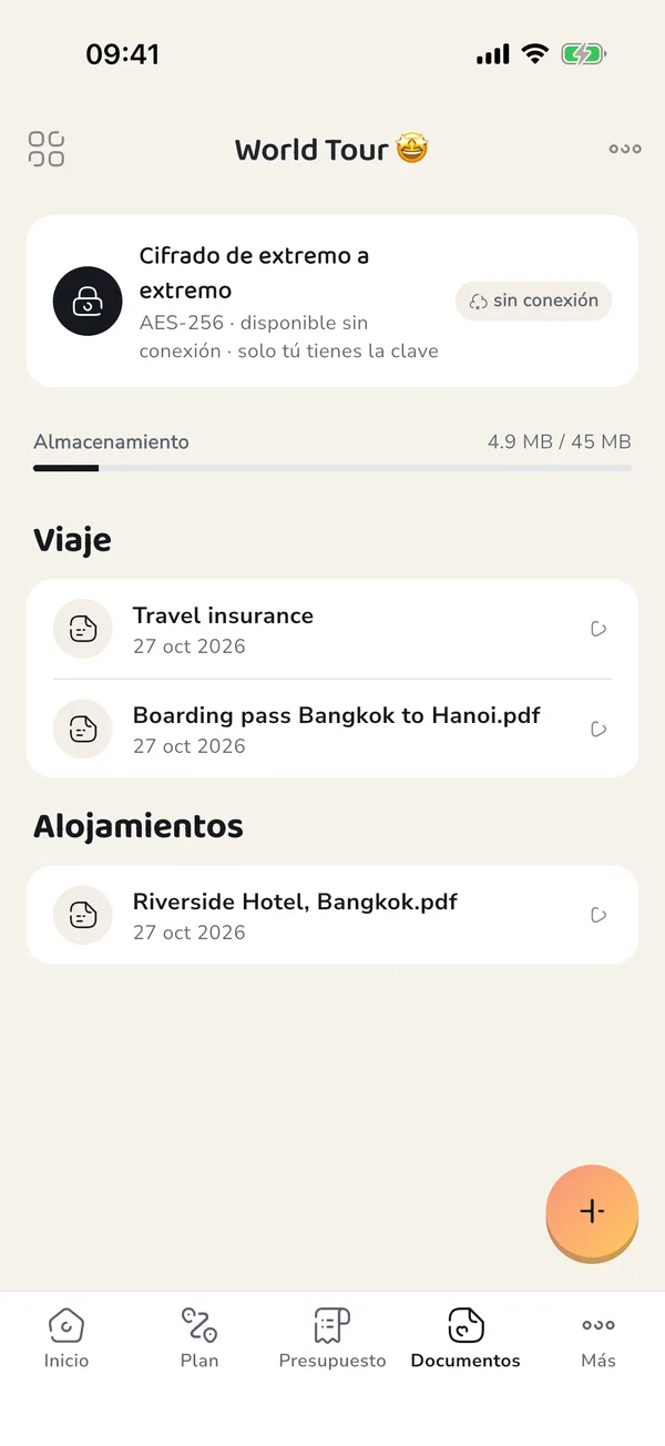 Documentos de viaje guardados en PuffinPilot, con el aviso de cifrado de extremo a extremo.