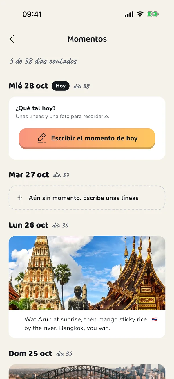 El diario de viaje en PuffinPilot, un momento por día.
