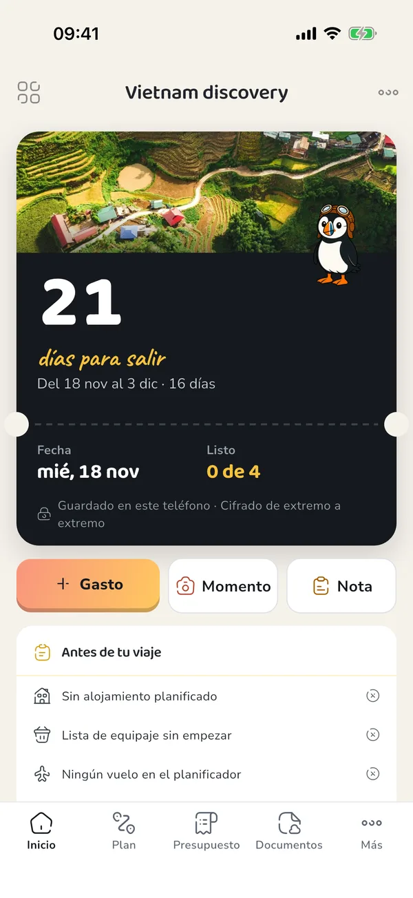 La pantalla de inicio de PuffinPilot: el viaje como una tarjeta de embarque, con la cuenta atrás hasta la salida.