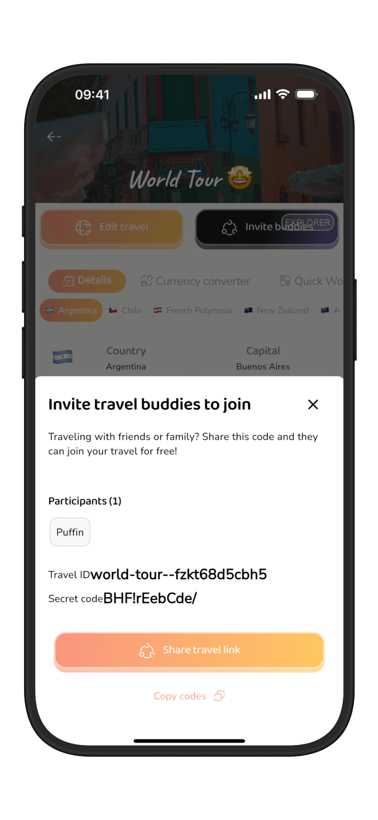 Screenshot of PuffinPilot's feature to invite friends and share travel plans